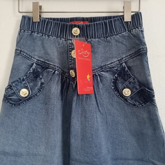 STYLE 7 Preppy Blue Denim Skirt Dog NWT Knee ALine Elastic Pockets Size 25 S XS - Picture 7 of 11